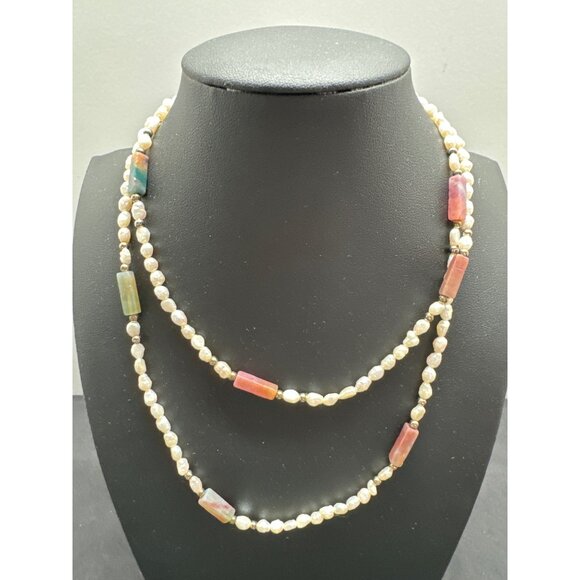 Long Multicolor Quartz & Freshwater Pearl Beaded Necklace 32 Inch - Picture 1 of 4